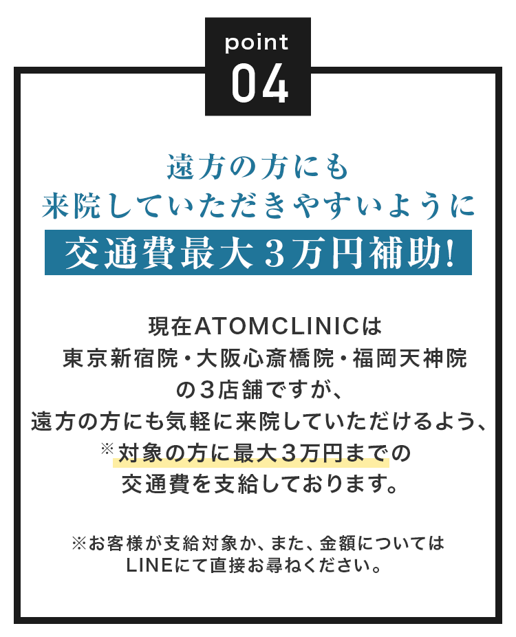 遠方の方にも来院していただきやすいように交通費最大3万円補助!