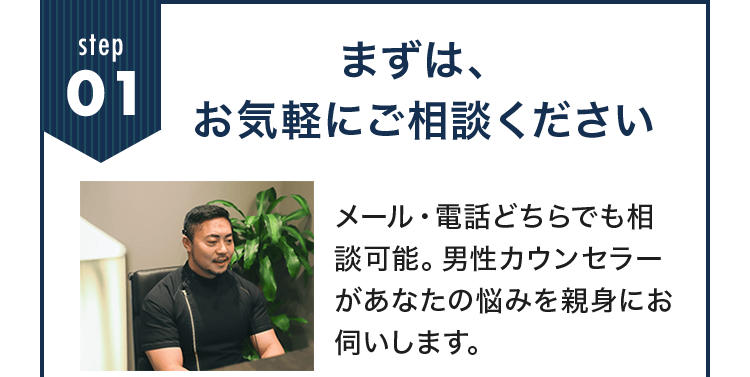 Step01 まずは、お気軽にご相談ください メール・電話どちらでも相談可能。男性カウンセラーがあなたの悩みを親身にお伺いします。