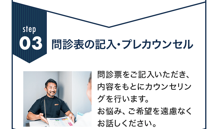 Step03 問診表の記入・プレカウンセル 問診票をご記入いただき、内容をもとにカウンセリングを行います。お悩み、ご希望を遠慮なくお話しください。