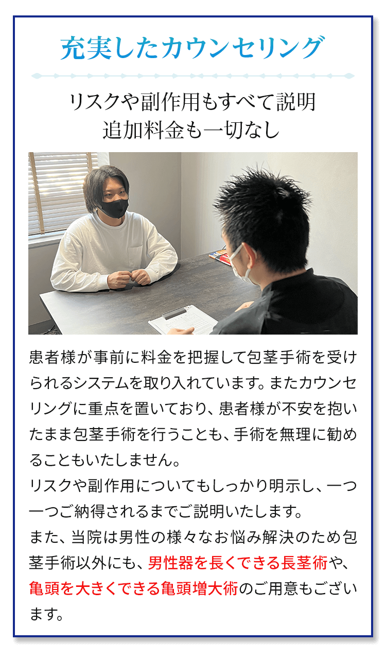 充実したカウンセリング リスクや副作用もすべて説明 追加料金も一切なし